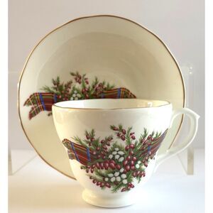 VTG Glen Appin Scotland Christmas Teacup Saucer Tartan Holly Bone China Holiday